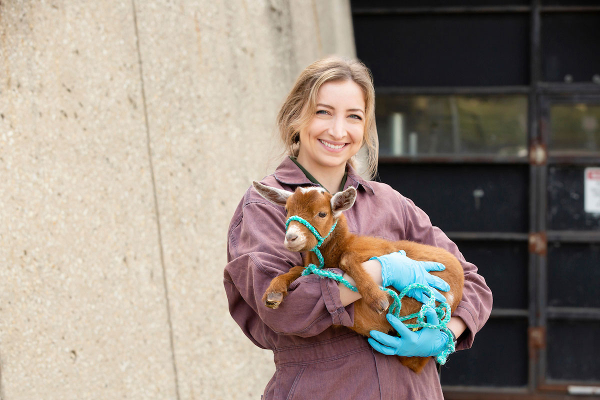 Vet student holding a goat